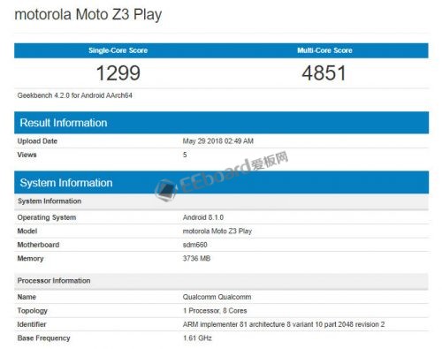 Moto Z3 Play跑分曝光:搭载骁龙660平台,颜值不